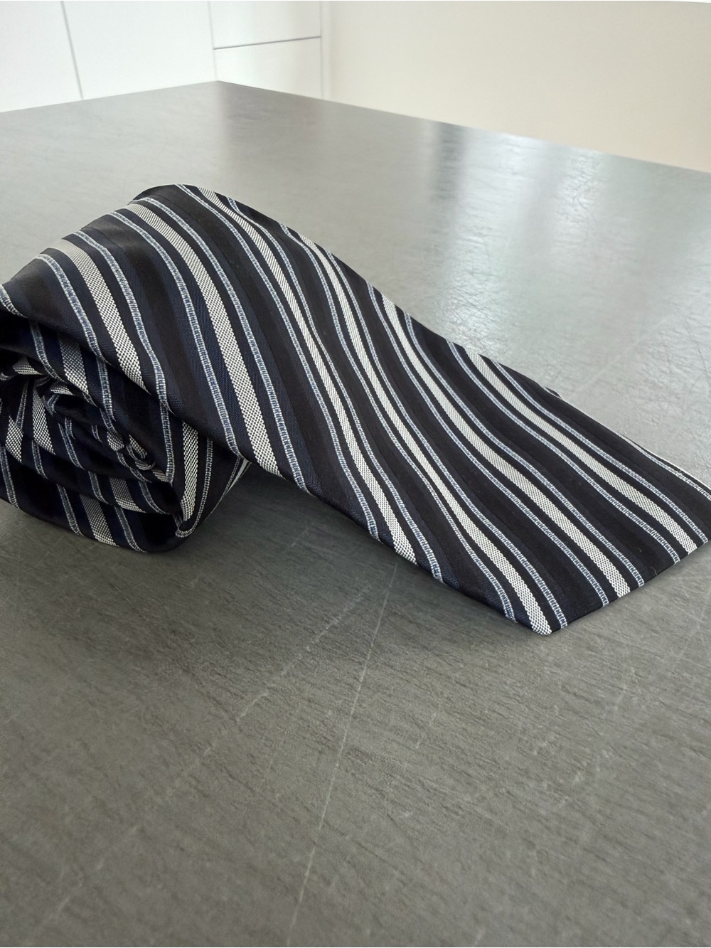 Hugo Boss Dark Navy Tie with Silver and Gray Stripes